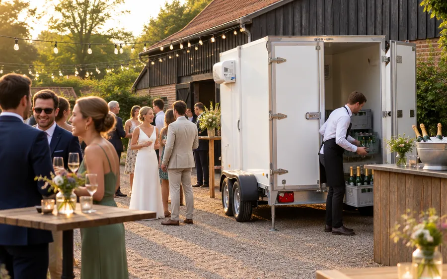 Trouwfeest bij een boerderij: een ober haalt gekoelde champagne uit de koelaanhanger naast de bar