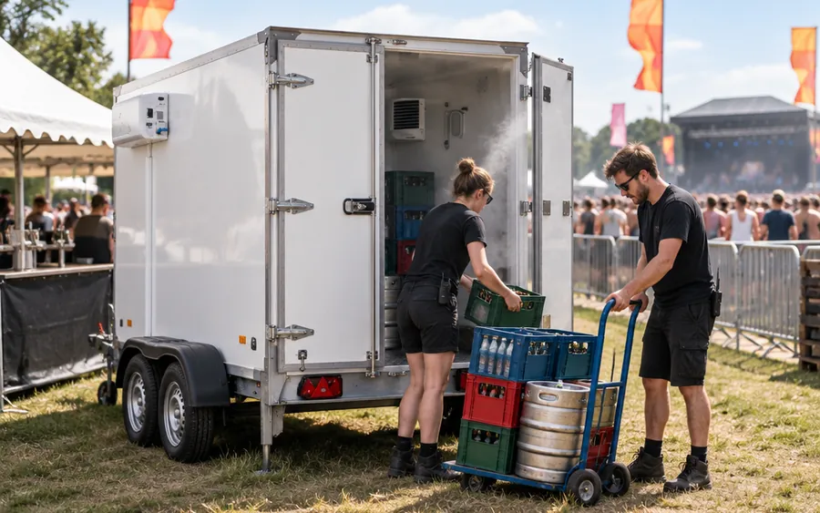 Festivalcrew laadt kratten en fusten uit een koelaanhanger achter de bartent