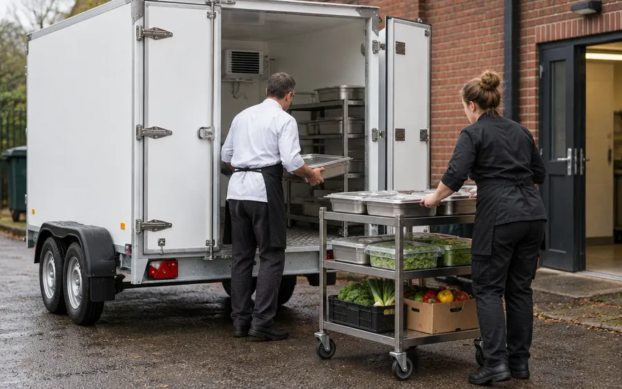 Chef en cateringmedewerker laden gastronormbakken in een koelaanhanger bij de keukeningang