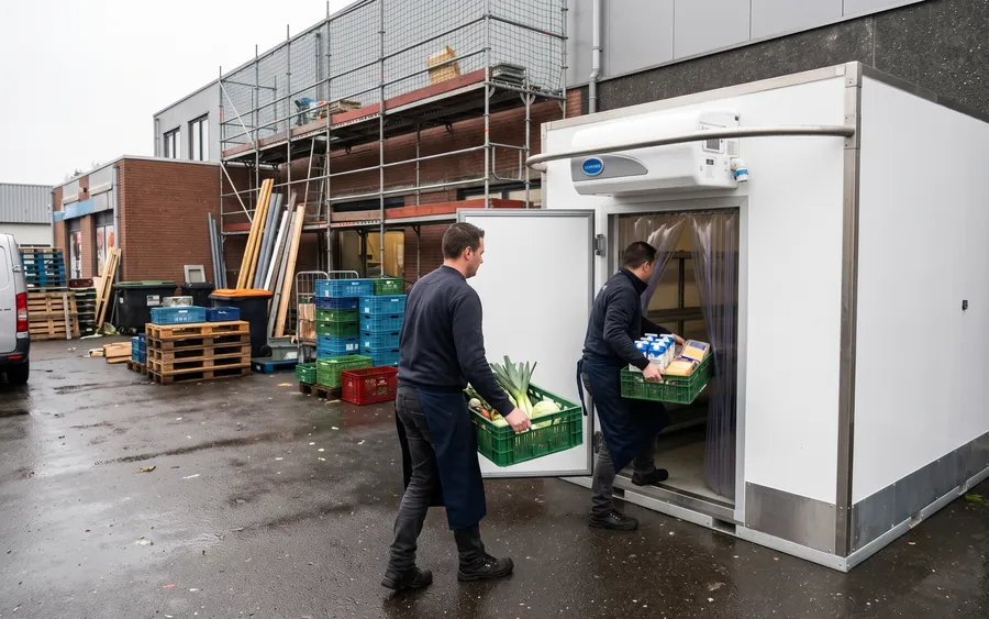 Koelcel op het terrein van een supermarkt in verbouwing; medewerkers zetten kratten groente en zuivel erin